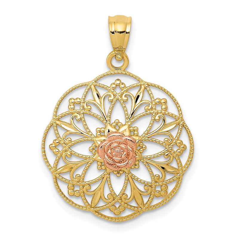 14K Two-Tone Yellow And Rose Polished In Round Filigree Charm