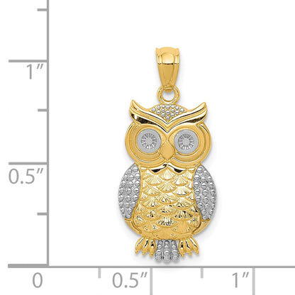14K Yellow & Rhodium W/ Polished / Textured Owl Pendant
