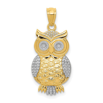14K Yellow & Rhodium W/ Polished / Textured Owl Pendant