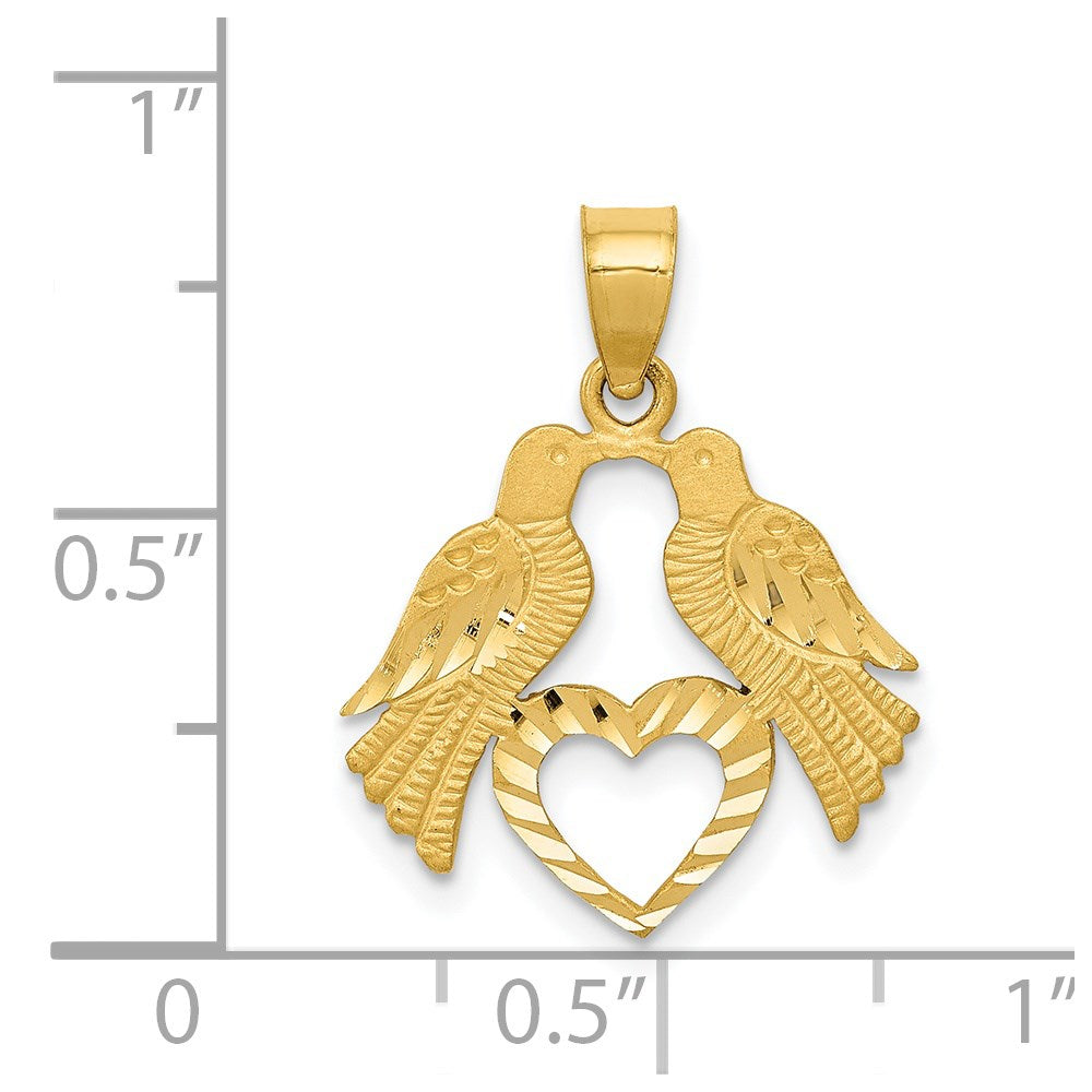 14K Yellow Gold Polished Diamond-Cut Love Birds With Heart Pendant