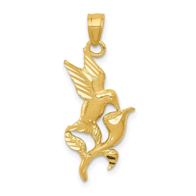 14K Yellow Gold Polished Hummingbird W/Flower Pendant