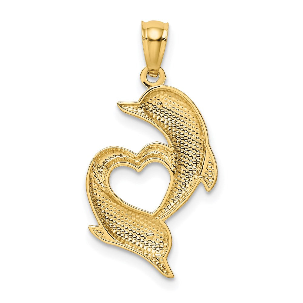 14K Yellow Gold D/C Satin And Polished Dolphins Heart Pendant