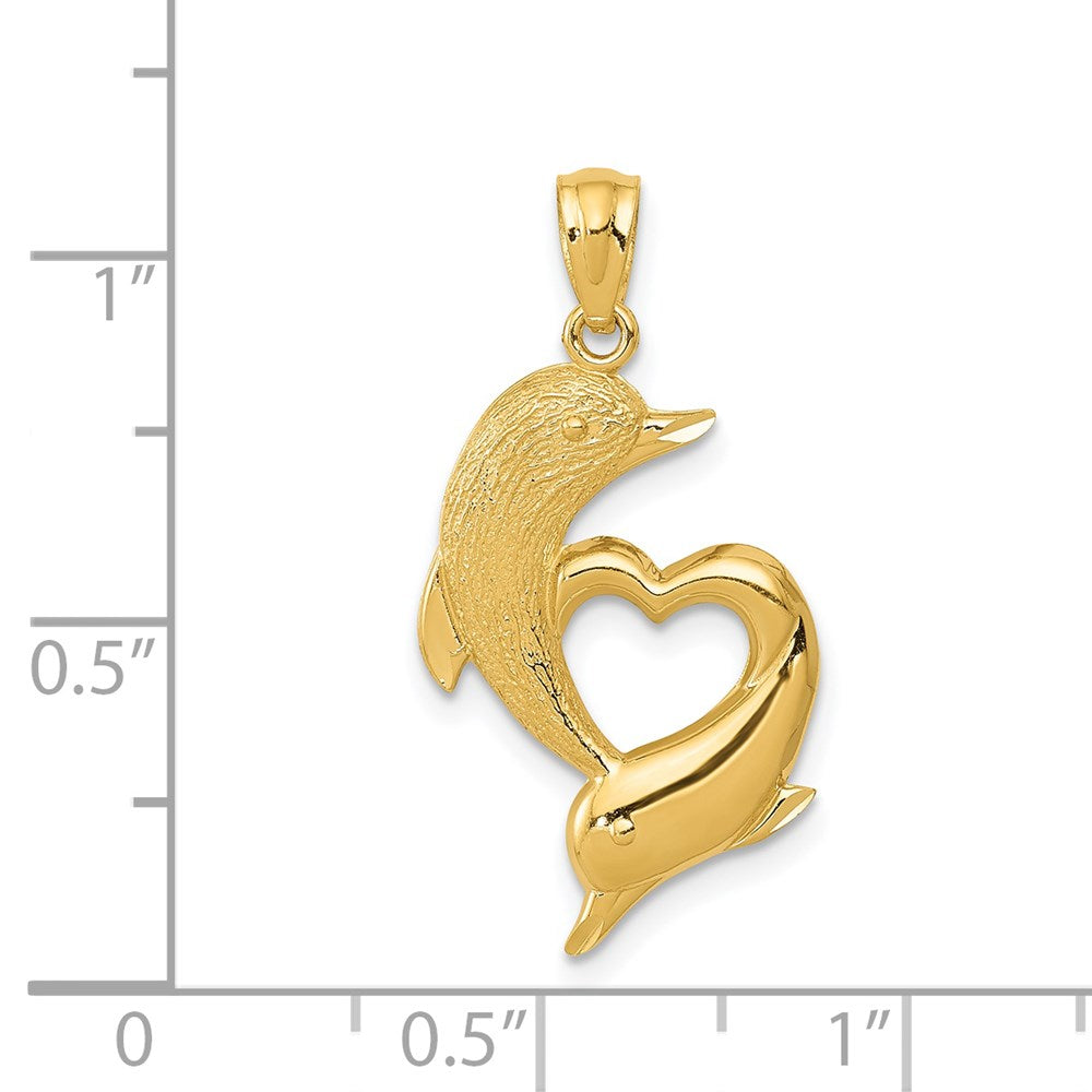 14K Yellow Gold D/C Satin And Polished Dolphins Heart Pendant