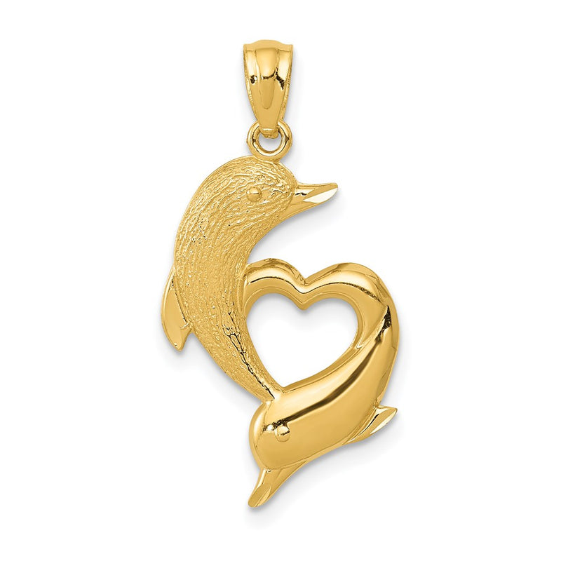 14K Yellow Gold D/C Satin And Polished Dolphins Heart Pendant