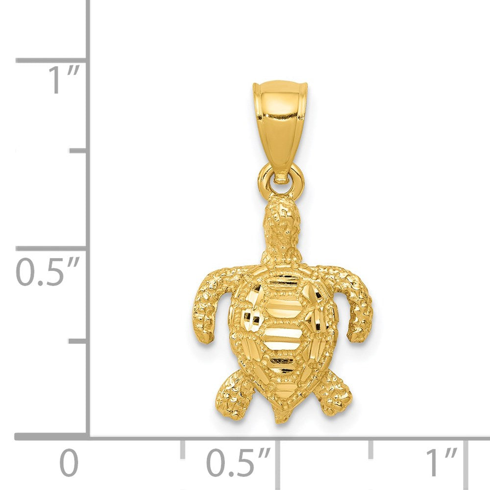 14K Yellow Gold Polished And Textured Diamond-Cut Sea Turtle Pendant