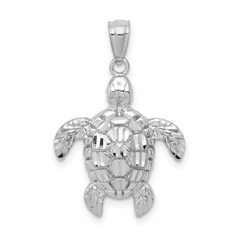 14K White Gold Diamond-Cut Polished Sea Turtle Pendant