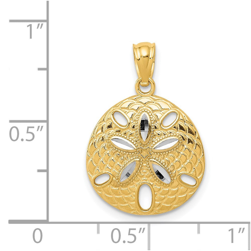 14K Yellow & Rhodium W/Rhodium Diamond-Cut Polished Sand Dollar Pendant