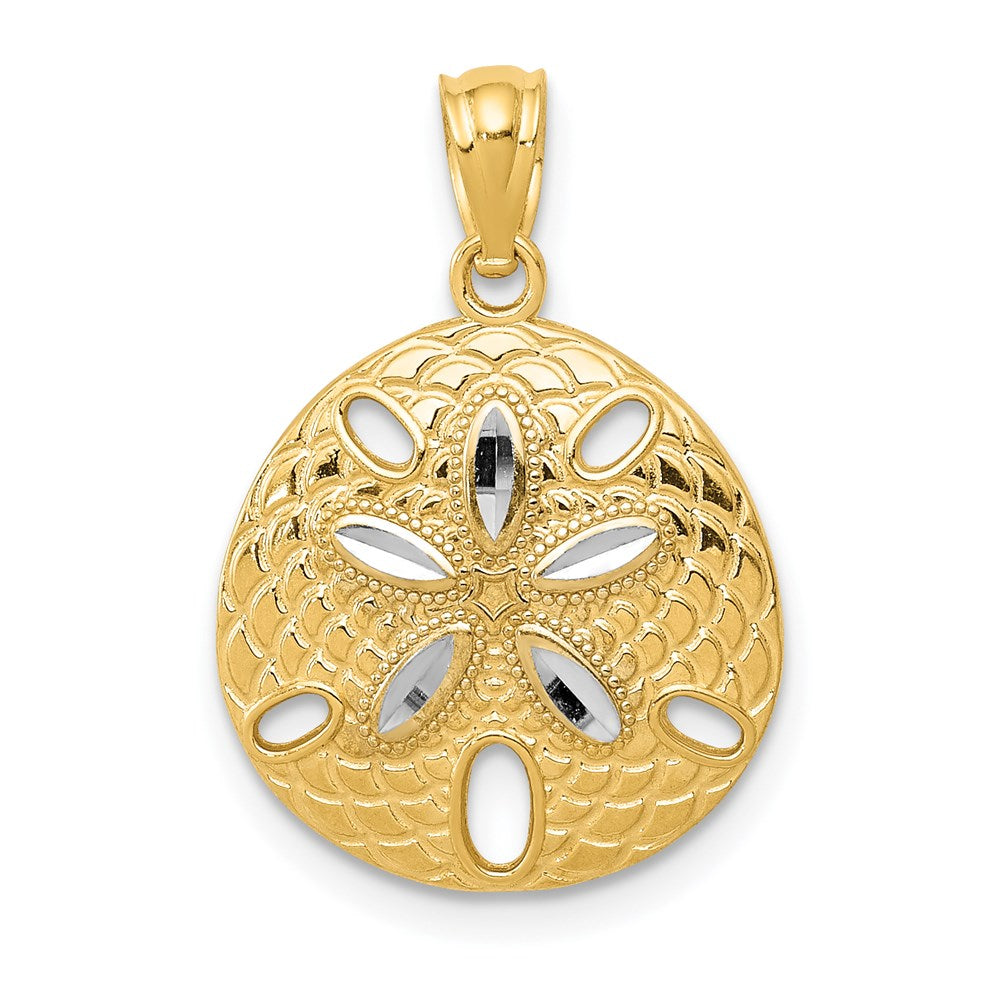 14K Yellow & Rhodium W/Rhodium Diamond-Cut Polished Sand Dollar Pendant