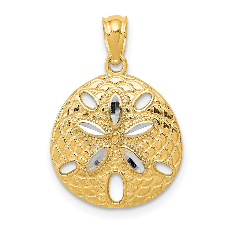 14K Yellow & Rhodium W/Rhodium Diamond-Cut Polished Sand Dollar Pendant