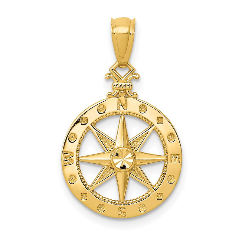 14K Yellow Gold Diamond-Cut Polished Compass Pendant