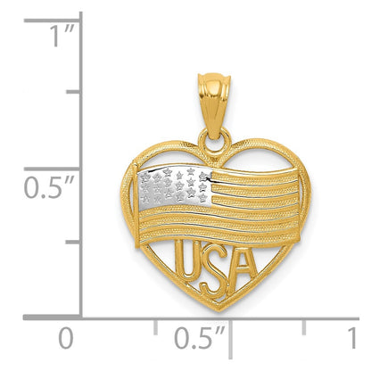 14K Yellow & Rhodium W/Rhodium Polished American Flag Usa In Heart Pendant