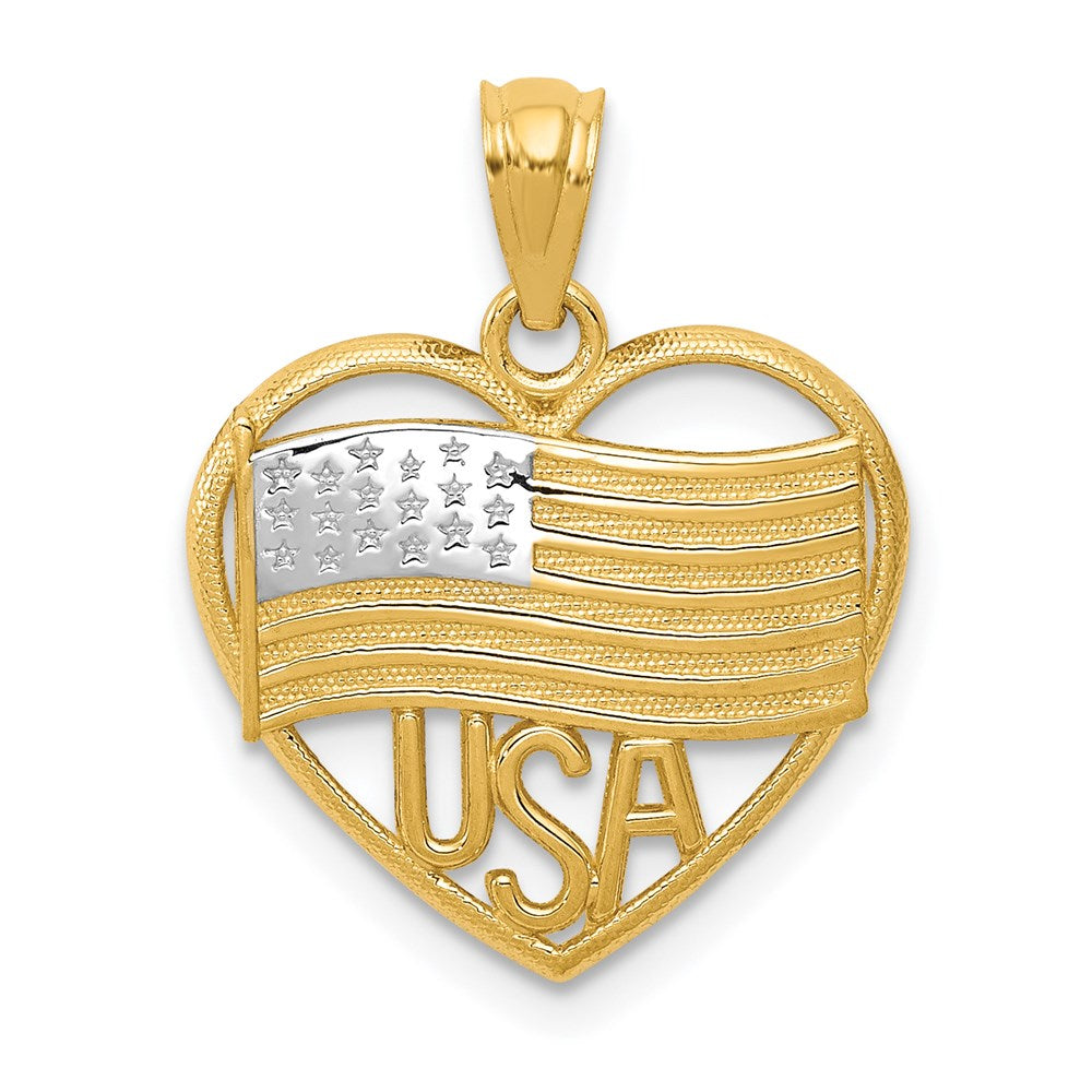 14K Yellow & Rhodium W/Rhodium Polished American Flag Usa In Heart Pendant