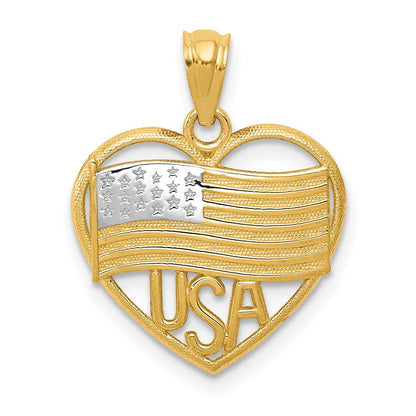 14K Yellow & Rhodium W/Rhodium Polished American Flag Usa In Heart Pendant