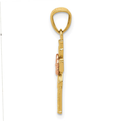14K Two-Tone Polished D/C Cross W/Flower Pendant