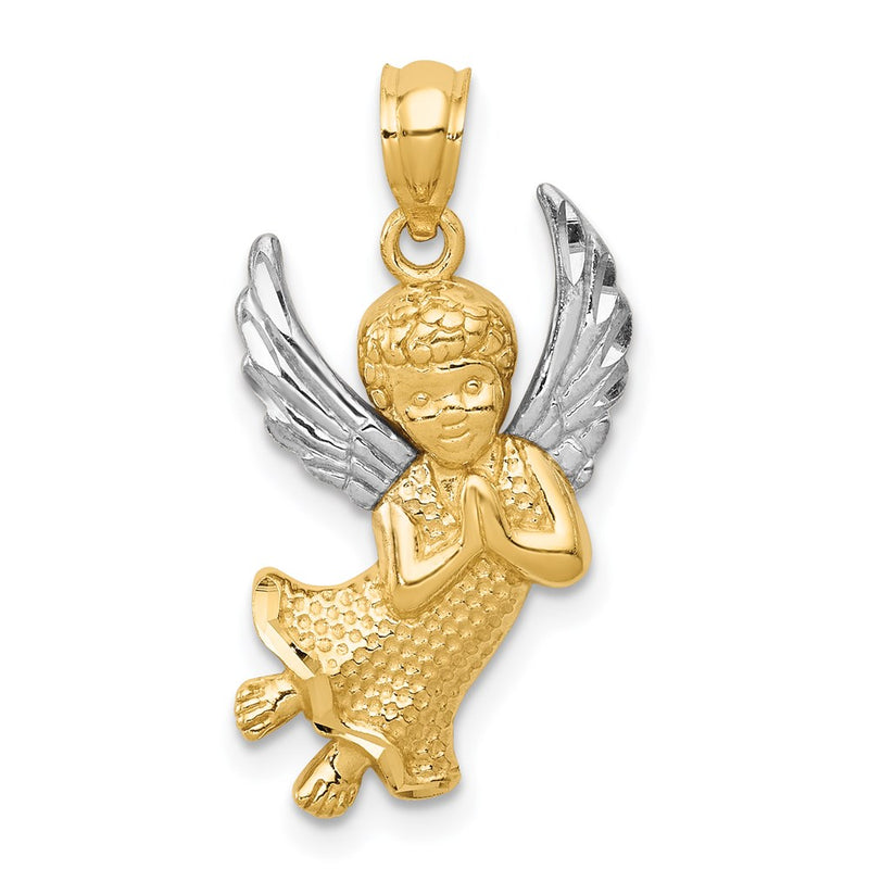 14K Yellow & Rhodium W/Rhodium Diamond-Cut Praying Angel Pendant