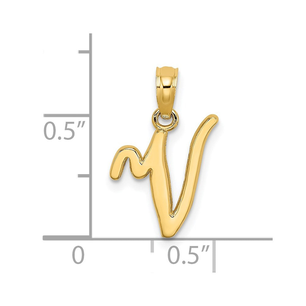14K Yellow Gold 14Ky Script Letter V Initial Pendant