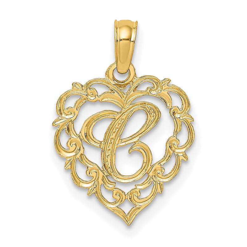 14K Yellow Gold 14Ky Heart Script Letter C Initial Charm