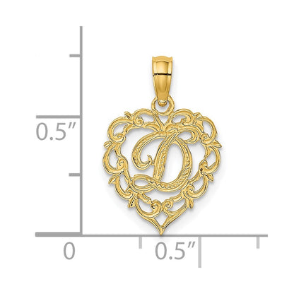 14K Yellow Gold 14Ky Heart Script Letter D Initial Charm