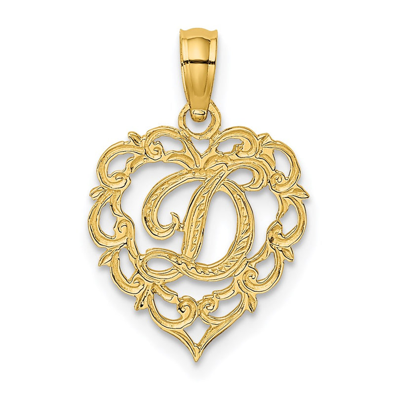 14K Yellow Gold 14Ky Heart Script Letter D Initial Charm