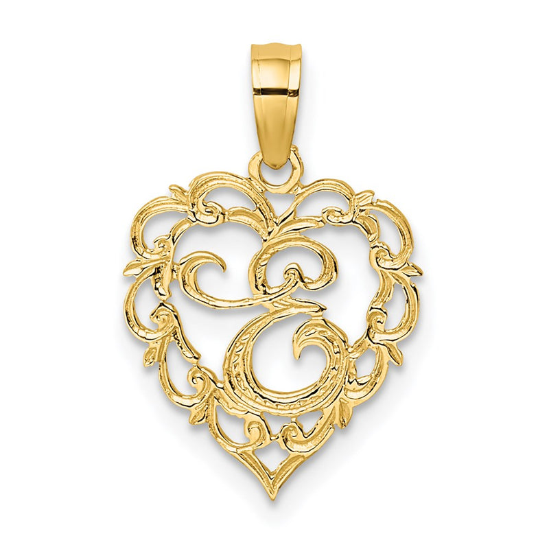14K Yellow Gold 14Ky Heart Script Letter E Initial Charm