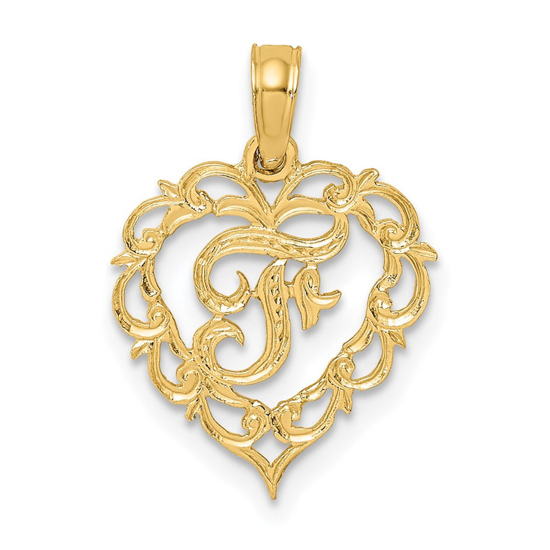 14K Yellow Gold 14Ky Heart Script Letter F Initial Charm