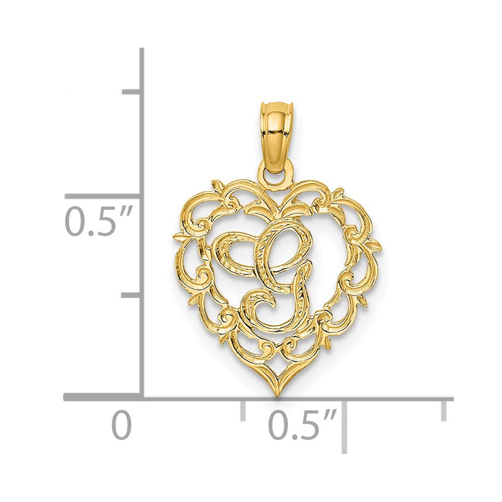 14K Yellow Gold 14Ky Heart Script Letter G Initial Charm