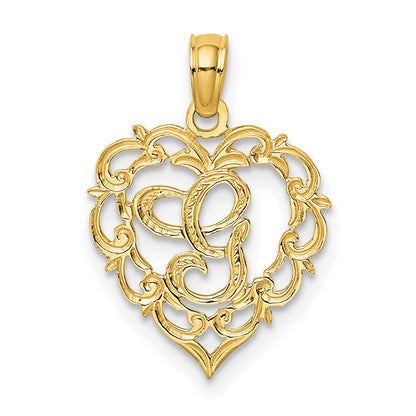 14K Yellow Gold 14Ky Heart Script Letter G Initial Charm