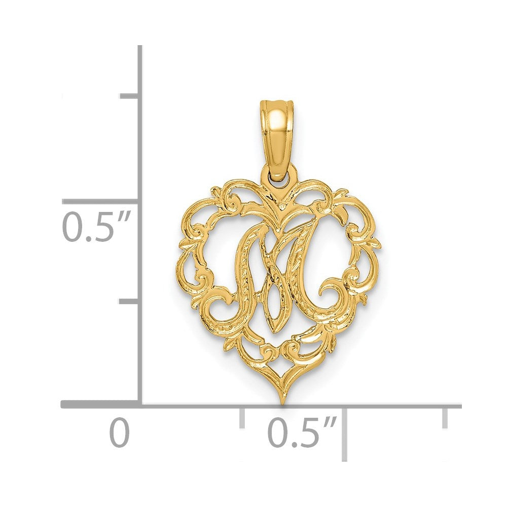 14K Yellow Gold 14Ky Heart Script Letter M Initial Charm