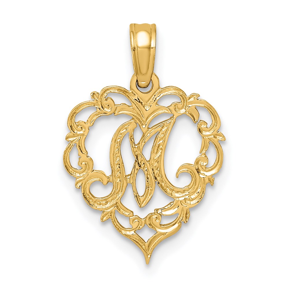 14K Yellow Gold 14Ky Heart Script Letter M Initial Charm
