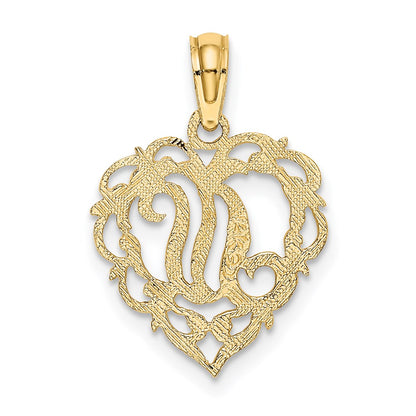 14K Yellow Gold 14Ky Heart Script Letter N Initial Charm