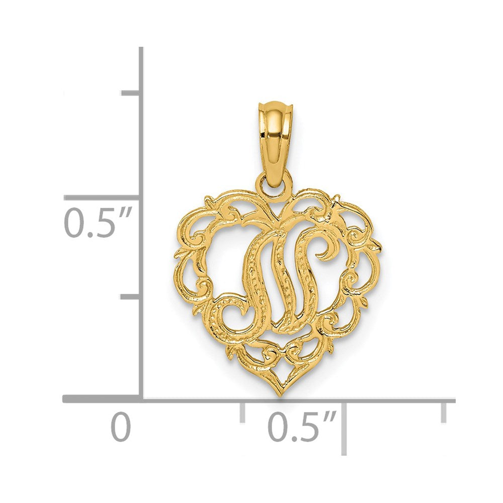 14K Yellow Gold 14Ky Heart Script Letter N Initial Charm