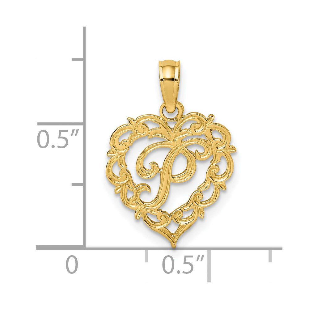 14K Yellow Gold 14Ky Heart Script Letter P Initial Charm