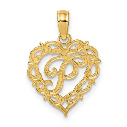 14K Yellow Gold 14Ky Heart Script Letter P Initial Charm