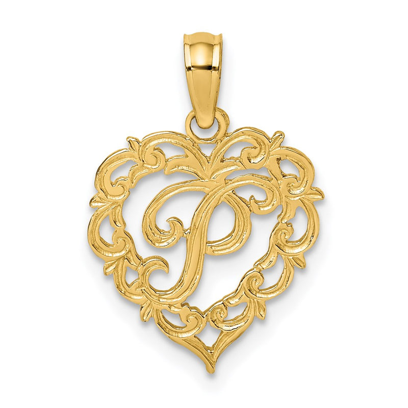 14K Yellow Gold 14Ky Heart Script Letter P Initial Charm