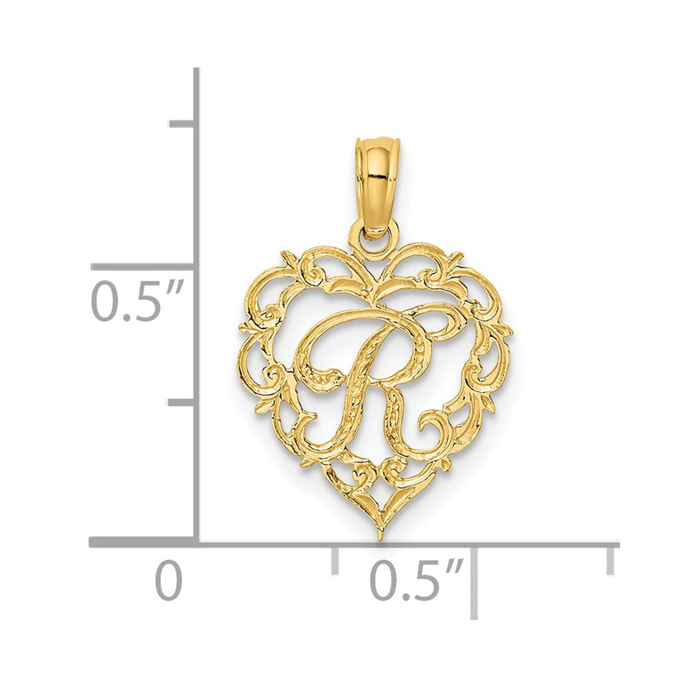 14K Yellow Gold 14Ky Heart Script Letter R Initial Charm