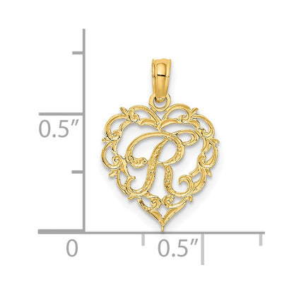 14K Yellow Gold 14Ky Heart Script Letter R Initial Charm