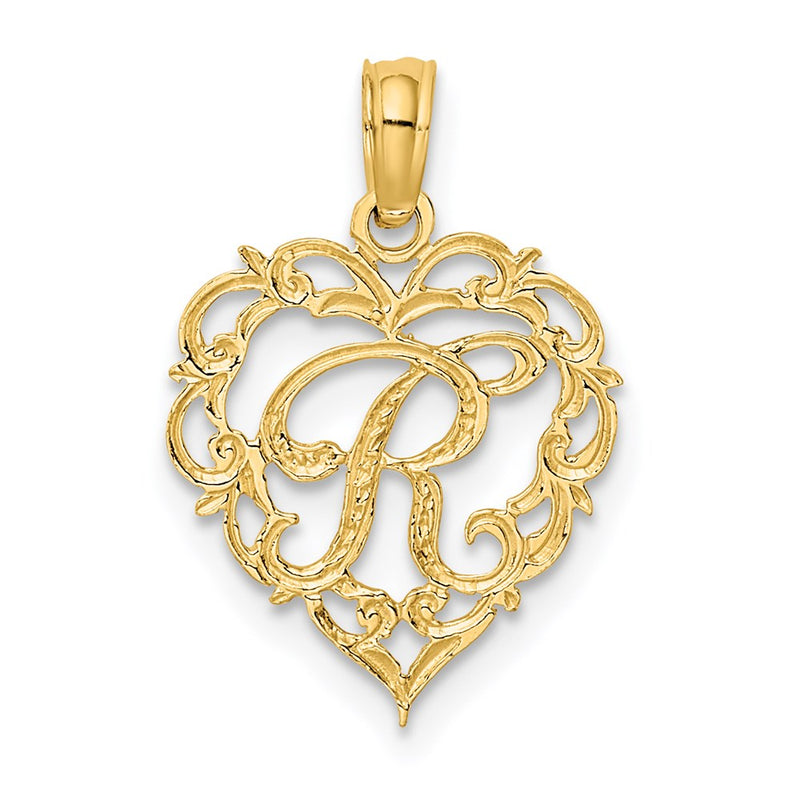 14K Yellow Gold 14Ky Heart Script Letter R Initial Charm