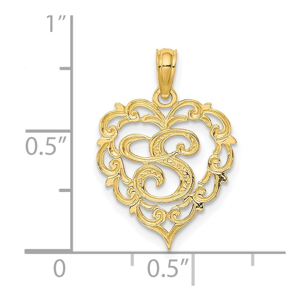 14K Yellow Gold 14Ky Heart Script Letter S Initial Charm
