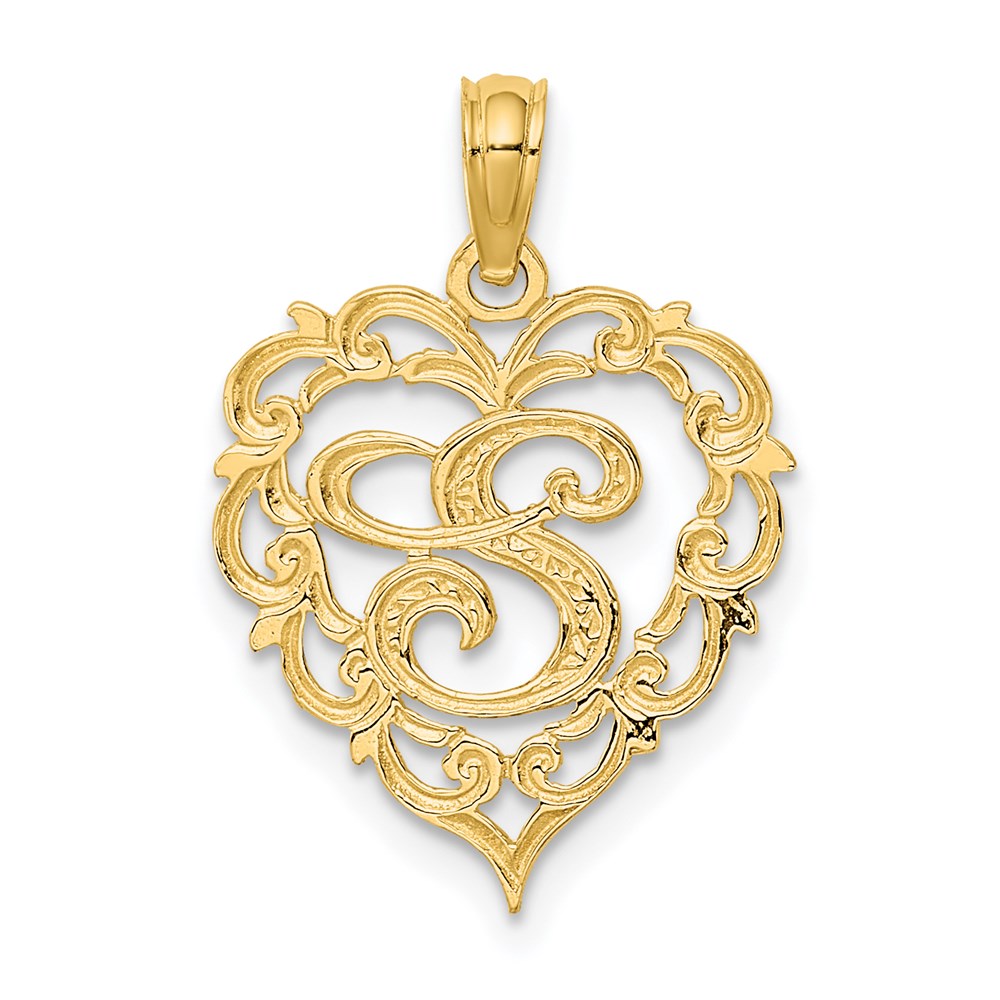 14K Yellow Gold 14Ky Heart Script Letter S Initial Charm