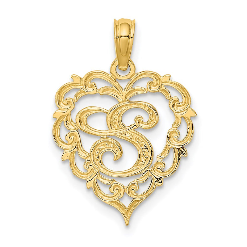 14K Yellow Gold 14Ky Heart Script Letter S Initial Charm