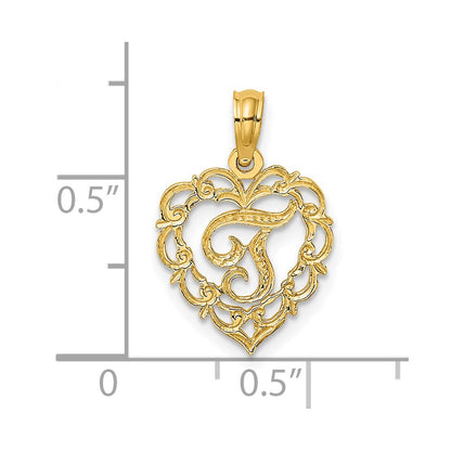 14K Yellow Gold 14Ky Heart Script Letter T Initial Charm