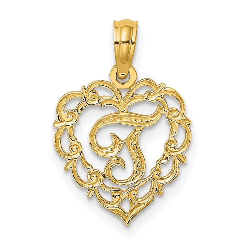 14K Yellow Gold 14Ky Heart Script Letter T Initial Charm