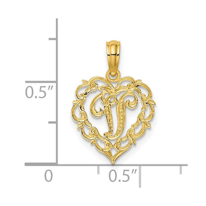 14K Yellow Gold 14Ky Heart Script Letter V Initial Charm