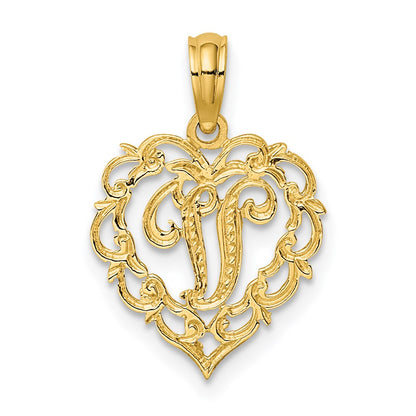 14K Yellow Gold 14Ky Heart Script Letter V Initial Charm