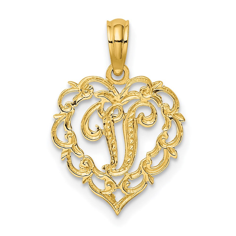 14K Yellow Gold 14Ky Heart Script Letter V Initial Charm