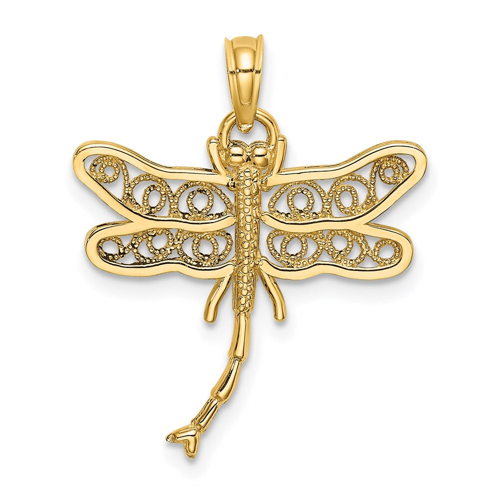 14K Yellow Gold Dragonfly W/Beaded Filigree Wings Charm