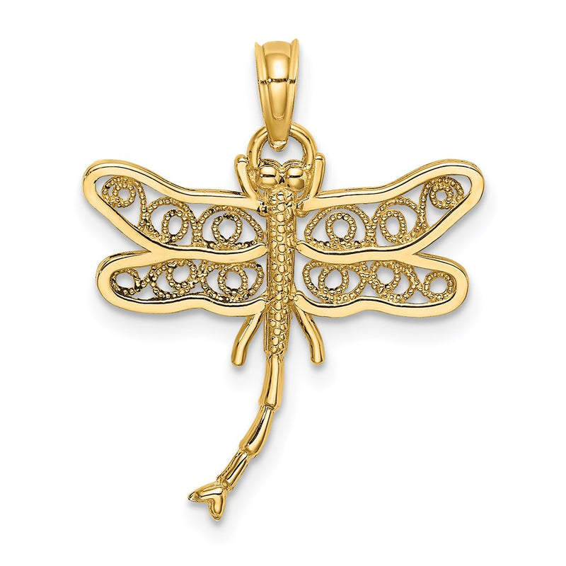 14K Yellow Gold Dragonfly W/Beaded Filigree Wings Charm