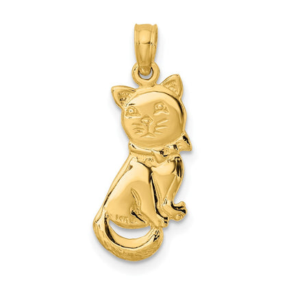 14K Yellow Gold 3-D Polished And Bow Sitting Cat Charm