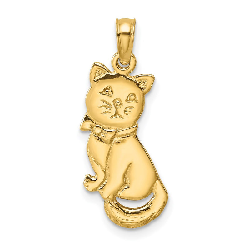 14K Yellow Gold 3-D Polished And Bow Sitting Cat Charm