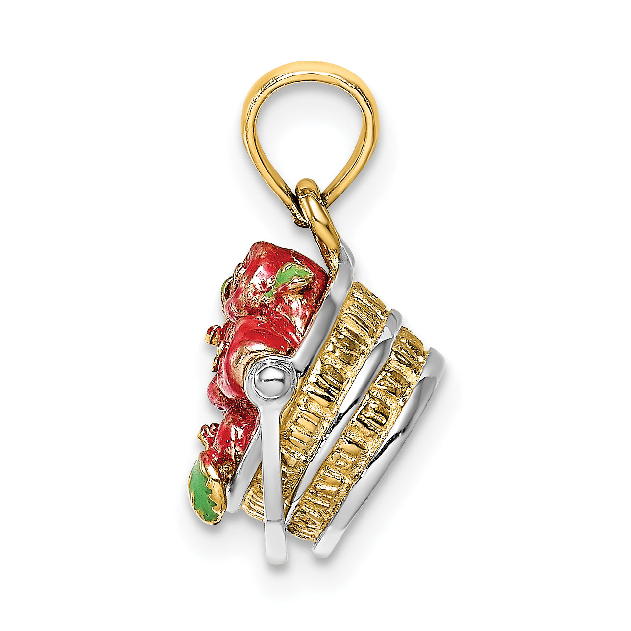 14K Yellow & Rhodium W/ White 3-D Enamel Apple Basket